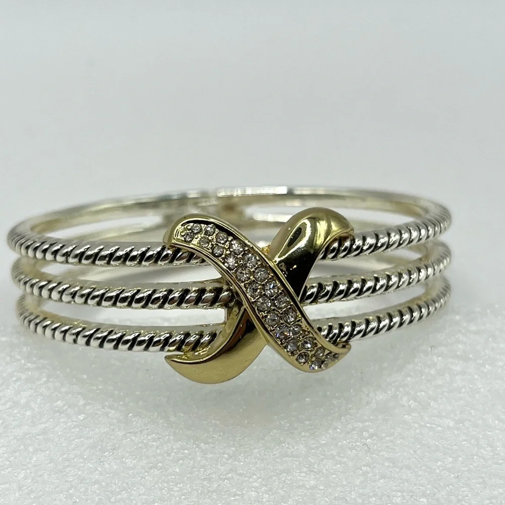 Rope Bracelet Love Crossover Silver Tone Cable Hinged Rhinestone Bangle Chunky